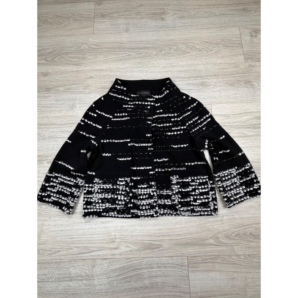 St. John Knits Collection Black White Textured Knit Mock Neck Jacket Size 8 FA09